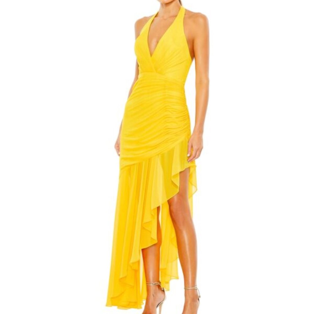 Mac Duggal 55847 Asymmetrical Skirt Tie Halter Dress